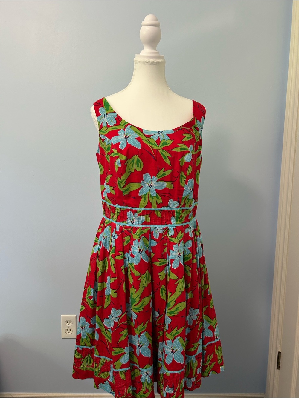 Red Floral Sleeveless A‑Line Dress with Blue Flowers
